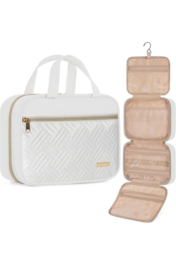 Travel Toiletry Bag for Women & Men Water Resistant  Bag with  Hook Portable Travel Organizer for Travel Accessories, Travel-Sized Shampoo, Toiletries (Large-White)