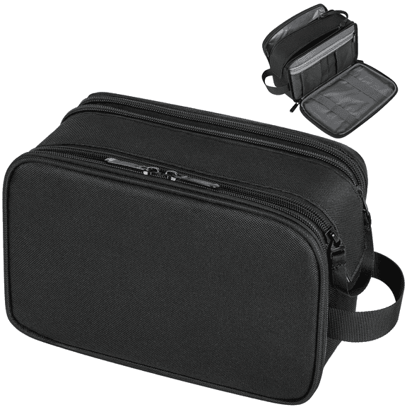 Toiletry Bag for Men, PU Leather Travel Toiletry Organizer with Handle, Water Resistant Travel Essentials for Women, Travel Storage Bags with Divider for Cosmetics Toiletries Brushes Tools, Black