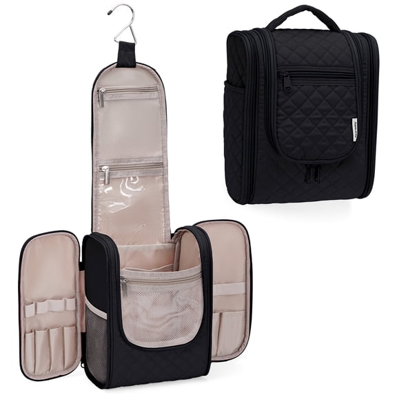 Travel Toiletry Bag for Women, Makeup Bag Organizer with Hanging Hook Portable Cosmetic Toiletries Case, Make up Accessories for Men, Black