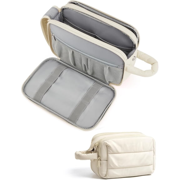 Travel Toiletry Bag for Women, Puffy Cosmetic Makeup Organizer, Large Wide-open Organizer Toiletries, Dopp Kit Water-resistant Case Accessories-Beige