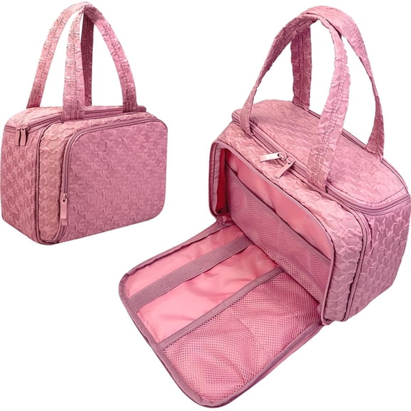 Travel Toiletry Bag for Women, Quilted Puffy Makeup Bag with Wet-Dry Compartments - Portable  Organizer for Vacation, Camping, Weekend Trips,