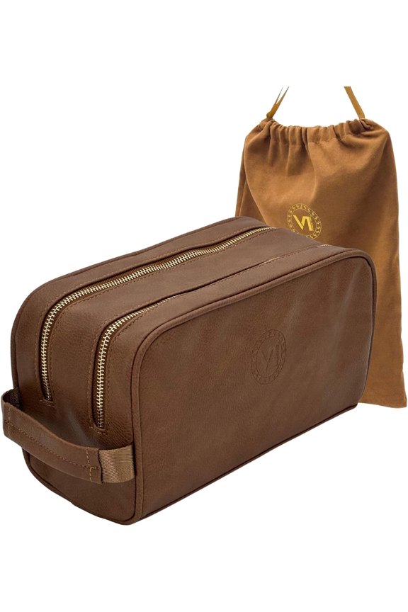 Travel Toiletry Bag made from PU leather Large Size YKK Zippers Two compartments Water-resistant Men's Dopp BROWN