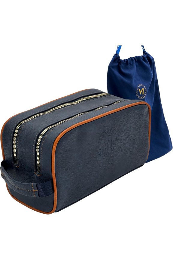 Travel Toiletry Bag made from PU leather Large Size YKK Zippers Two compartments Water-resistant Men's Dopp NAVY BLUE/ORANGE