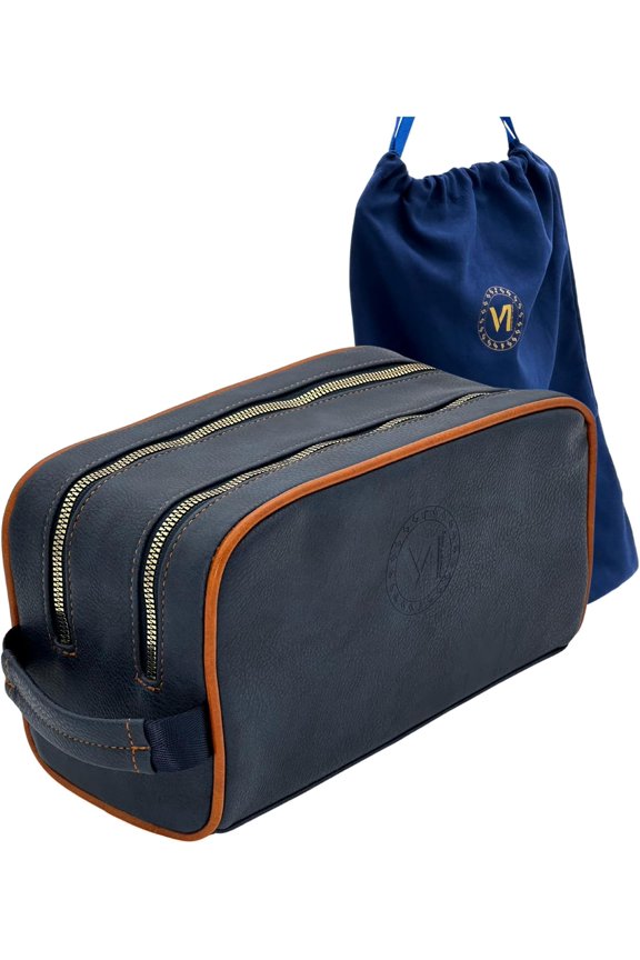 Travel Toiletry Bag made from PU leather Large Size YKK Zippers Two compartments Water-resistant Men's Dopp NAVY BLUE/ORANGE