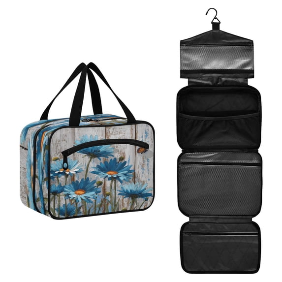 Travel Toiletry Bag with Metal Hook Large Capacity Cosmetic Bag Toiletry Bags for Travel, Gym, Camping Cyan Daisy Flowers