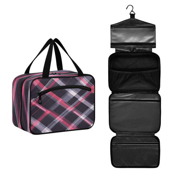 Travel Toiletry Bag with Metal Hook Large Capacity Cosmetic Bag Toiletry Bags for Travel, Gym, Camping Gray and Purple Plaid