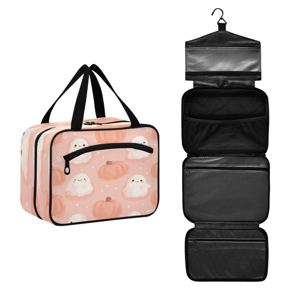 Travel Toiletry Bag with Metal Hook Large Capacity Cosmetic Bag Toiletry Bags for Travel, Gym, Camping Light Pink Ghosts and Pumpkins