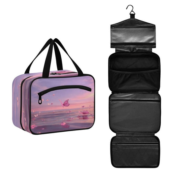 Travel Toiletry Bag with Metal Hook Large Capacity Cosmetic Bag Toiletry Bags for Travel, Gym, Camping Pink Butterflies Flying
