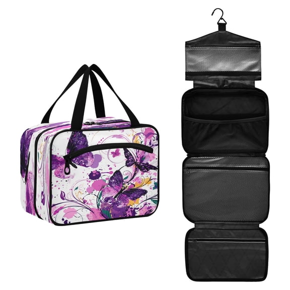 Travel Toiletry Bag with Metal Hook Large Capacity Cosmetic Bag Toiletry Bags for Travel, Gym, Camping Purple Butterfly