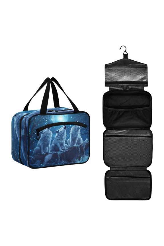 Travel Toiletry Bag with Metal Hook Large Capacity Cosmetic Bag Toiletry Bags for Travel, Gym, Camping Three Blue Wolves
