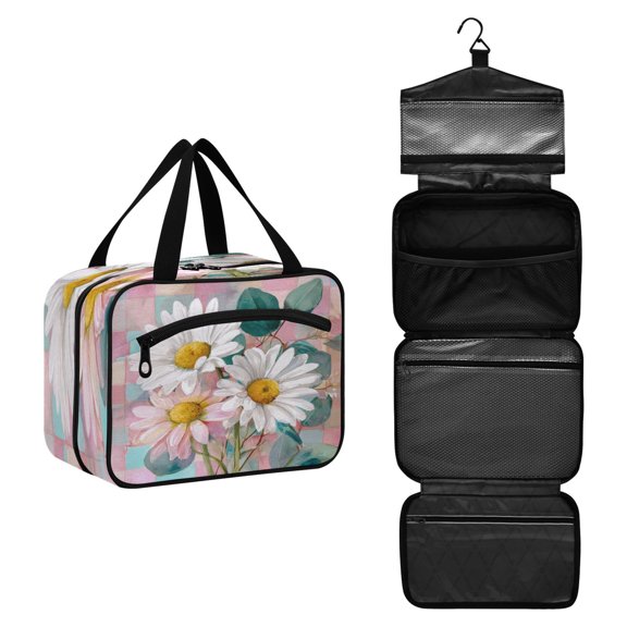 Travel Toiletry Bag with Metal Hook Large Capacity Cosmetic Bag Toiletry Bags for Travel, Gym, Camping Three Large White Daisies