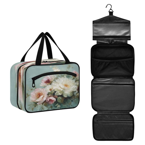 Travel Toiletry Bag with Metal Hook Large Capacity Cosmetic Bag Toiletry Bags for Travel, Gym, Camping Vintage Peonies and Daisies