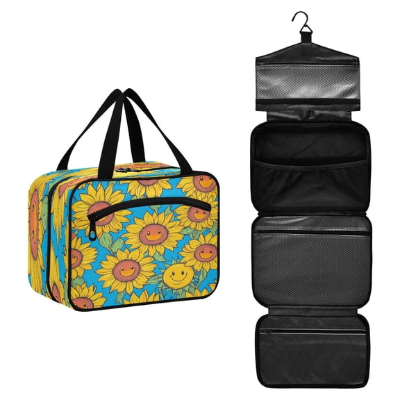 Travel Toiletry Bag with Metal Hook Large Capacity Cosmetic Bag Toiletry Bags for Travel, Gym, Camping Yellow Sunflowers with Smiley Faces