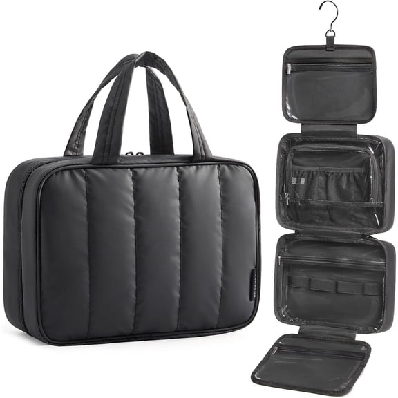 Travel Toiletry Bag for women, Portable Hanging Hook Makeup Bag Organizer, Waterproof Makeup Cosmetic Bag, for Full-Size Accessories, Toiletries, Camel