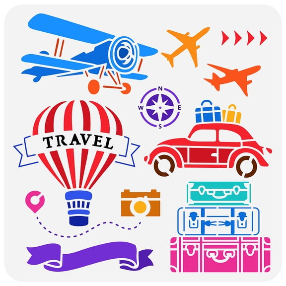 Travel Tools Stencil 11.8x11.8 inch Hollow Out Car Airplane Hot Air Balloon Drawing Stencil Reusable Vehicle Painting Stencils Template DIY