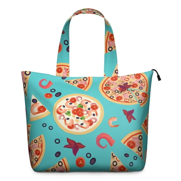 Travel Tote Bag with Pizza Pattern Funny Cartoon Prints Large Capacity Weekender Bag Featuring Delicious Cheese Pepperoni Designs, Lightweight Multipurpose Bag for Pizza Lovers
