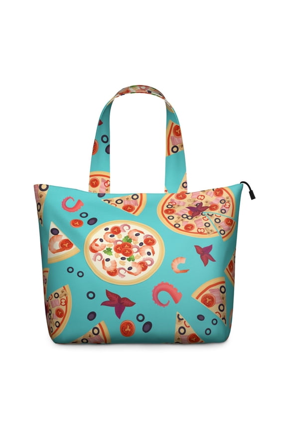 Travel Tote Bag with Pizza Pattern Funny Cartoon Prints Large Capacity Weekender Bag Featuring Delicious Cheese Pepperoni Designs, Lightweight Multipurpose Bag for Pizza Lovers