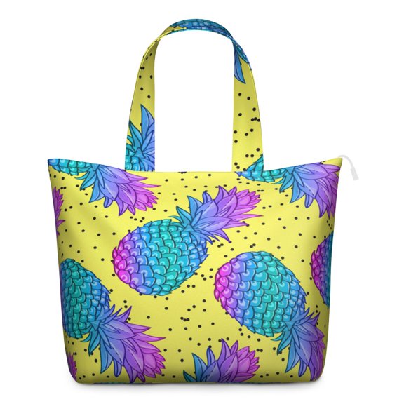Travel Tote Bag with Tropical Pineapple Hawaiian Prints Large Capacity Weekender Bag Featuring Exotic Fruit Patterns, Yellow Golden Aesthetic Design, Lightweight Multipurpose