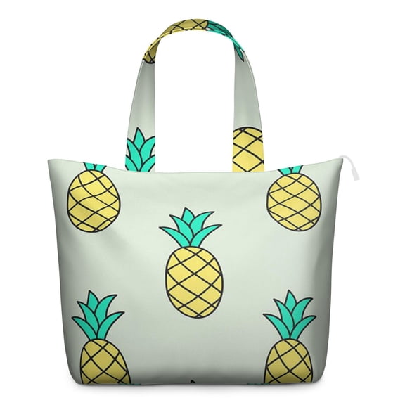 Travel Tote Bag with Tropical Pineapple Hawaiian Prints Large Capacity Weekender Bag Featuring Exotic Fruit Patterns, Yellow Golden Aesthetic Design, Lightweight Multipurpose