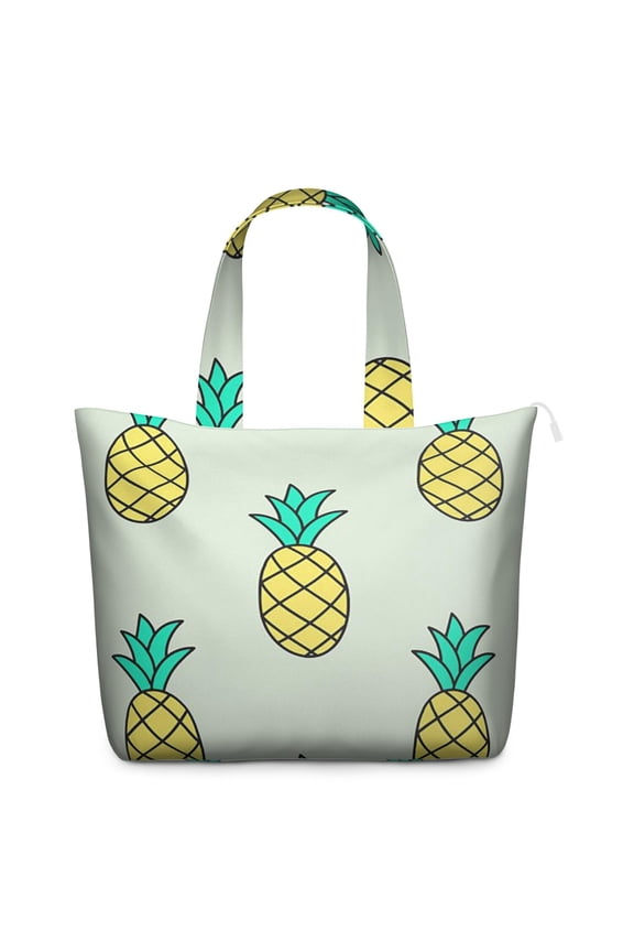 Travel Tote Bag with Tropical Pineapple Hawaiian Prints Large Capacity Weekender Bag Featuring Exotic Fruit Patterns, Yellow Golden Aesthetic Design, Lightweight Multipurpose