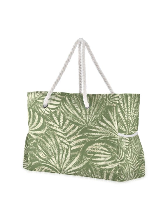 Travel Tote Bags for Women DIY Large Green Palm Texture Printed Tote Beach Bag with Zipper 35L