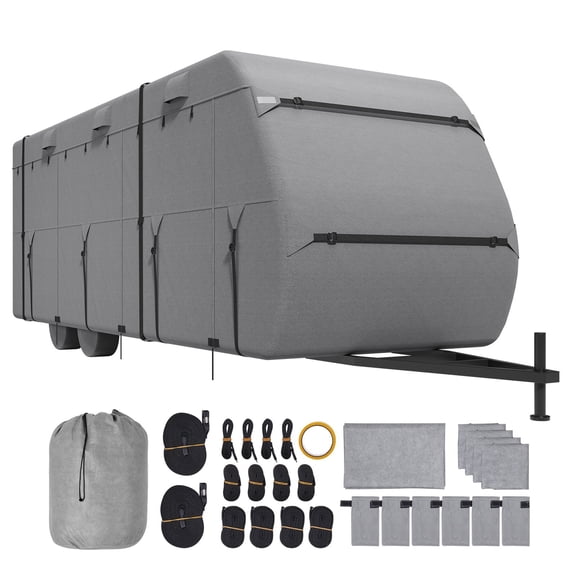 Travel Trailer Cover, 24-27 ft RV Cover, 4-Layer Non-Woven Fabric Camper Cover, Waterproof, Windproof and Rip-Stop Class A RV Cover, with Storage Bag, Repair Patches, Straps and Tire Covers