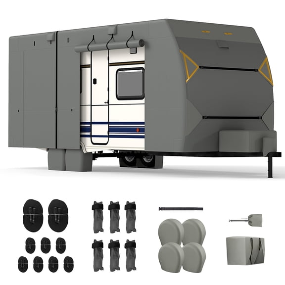 Travel Trailer RV Cover, Heavy Duty Waterproof All Weather Camper Cover with Zippered Door & Tire Covers, Windproof UV Protection for Outdoor Storage