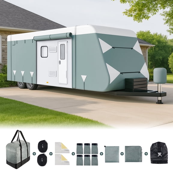Filluck Travel Trailer RV Cover, 28.7-31.6FT Heavy Duty 6 Layers Thick Camper Cover, Waterproof UV Resistant with Repair Patches, Windproof Straps, Gutter & Jack Covers, RV Trailer Camper Accessories