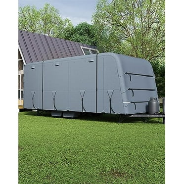 Travel Trailer RV Cover, Windproof Camper Cover with Extra-Thick 6 Layers Anti-Uv Top Panel, 2Pcs Extra Straps & 4 Tire Covers,Breathable, Water-Proof, Fits 27'-30' Motorhome
