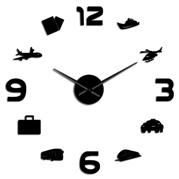 Travel Transport Vehicles Decorative DIY Wall Clock Passport Airplane Taxi Holiday Vacation Trips Mirror Effect Stickers Clock(Black,27inch)