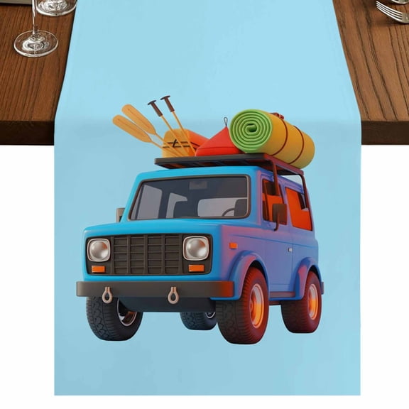 Travel Truck Burlap Cotton Table Runner 13x120 Inches Long, Cartoon Navy Camping Cars Blue Background Farmhouse Table Runners, Outdoor Dining Tablecloths Decor for Baby Shower/Party/Wedding