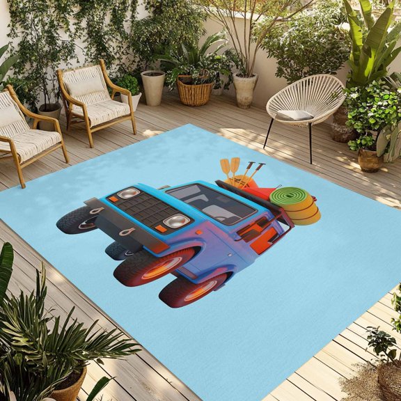 Travel Truck Outdoor Rug 4x6 Ft - Reversible Patio Rug Outdoor Camping Rugs, Cartoon Navy Camping Cars Blue Background Washable Indoor Outdoor Area Rugs, Non-Slip Outdoor Carpet Runner for Deck/Porch