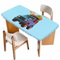 thumbnail image 1 of Travel Truck Table Cloths for 4 Foot Rectangle Tables, Cartoon Navy Camping Cars Blue Background Patio Waterproof Elastic Fitted Tablecloths, Washable Rectangular Table Cover for Camping, 1 of 8