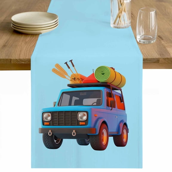 Travel Truck Table Runner 48 Inches Long Farmhouse Dress Scarves, Cartoon Navy Camping Cars Blue Background Dining Tablerunner for Coffee Table/Kitchen Island/Party Décor, 13" x 48"