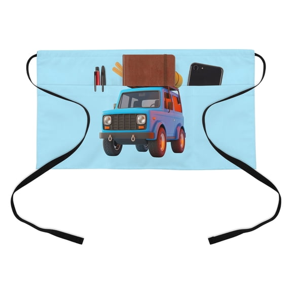 Travel Trucks Half Waist Apron Navy Cars Blue Background Badminton Racket 3D Cartoon Short Waiter Aprons with 3 Pockets for Women Men Kitchen Restaurant Cooking