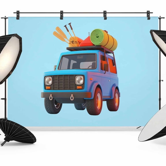 Travel Trucks Photography Backdrop 10x8FT, Navy Cars Blue Background Badminton Racket 3D Cartoon Photo Backdrops, Background for Photography Studio Photo Studio Background, Back Drop for Photoshoot