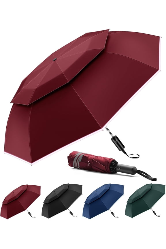 Travel Umbrella Compact Windproof - Vented Double Canopy Umbrellas for Rain, Portable Umbrella Inverted Automatic Open Close with Reflective Strip