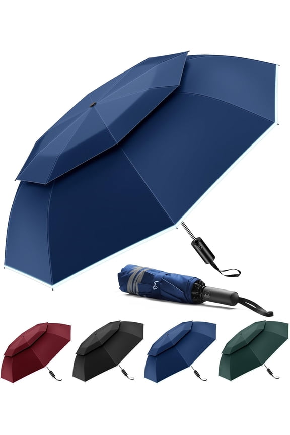 Travel Umbrella Compact Windproof - Vented Double Canopy Umbrellas for Rain, Portable Umbrella Inverted Automatic Open Close with Reflective Strip