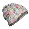 thumbnail image 1 of Travel Unisex Beanie, Passport Stamps Cities, Hiking Outdoors, Eggshell and Pink, by Ambesonne, 1 of 1