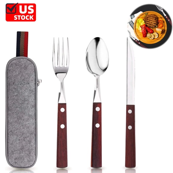 Travel Utensils with Case 4-Pack Wooden Handle Stainless Steel Reusable Travel Cutlery Set, Forks Spoons Knives Flatware Set for Camping, Picnic, Lunch Box