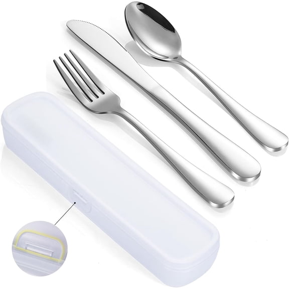 Travel Utensils with Case, 4- Stainless Steel Portable Cutlery Set, Reinforced Case with Buckle Design, Lunch Box for Camping Work School, Include Fork Spoon , Dishwasher Safe,