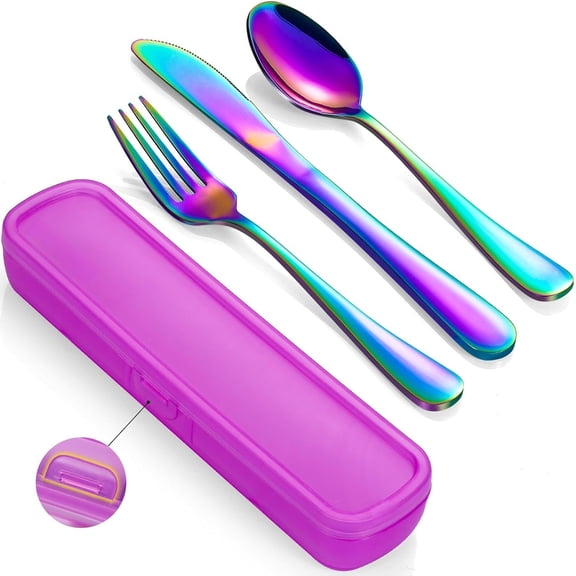 Travel Utensils with Case, 4- Stainless Steel Portable Cutlery Set, Reinforced Case with Buckle Design, Lunch Box for Camping Work School, Include Fork Spoon , Dishwasher Safe, Rainbow