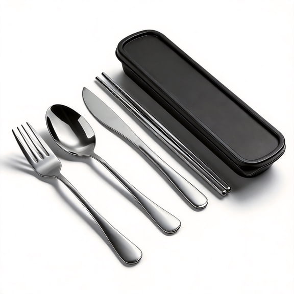 Travel Utensils with Case, 5 Piece Stainless Steel Silverware Set for Work, Portable Reusable Travel Cutlery Set, Fork and Spoon Set for Picnic, Camping, Gadgets, Lunch Box for Men, Silver