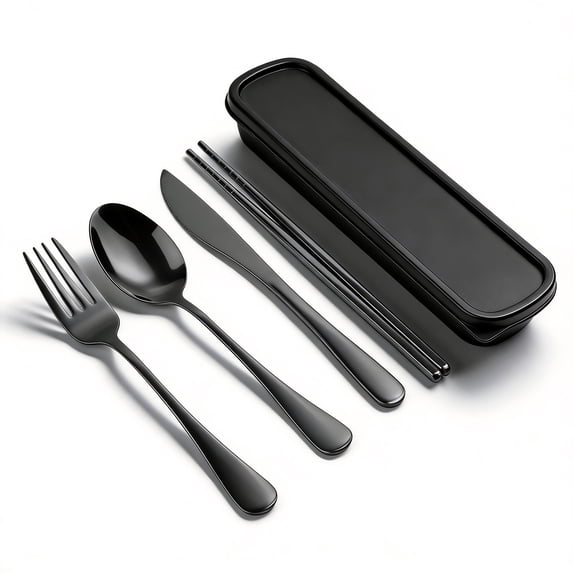 Travel Utensils with Case, 5 Piece Stainless Steel Silverware Set for Work, Portable Reusable Travel Cutlery Set, Fork and Spoon Set for Picnic, Camping, Gadgets, Lunch Box for Men, Black