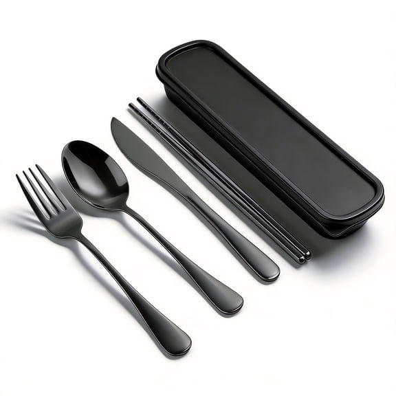 Travel Utensils with Case, 5 Piece Stainless Steel Silverware Set for Work, Portable Reusable Travel Cutlery Set, Fork and Spoon Set for Picnic, Camping, Gadgets, Lunch Box for Men, Black