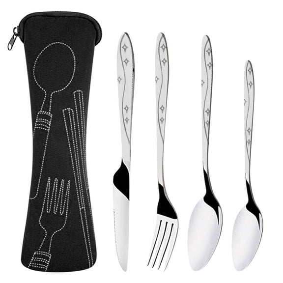 Travel Utensils with Case, Portable Silverware Set for Work, Stainless Steel Reusable Travel Cutlery, Fork and Spoon Set for Camping, Picnic, Lunch Box for Men, Gift, Silver Star Partten (Pink)