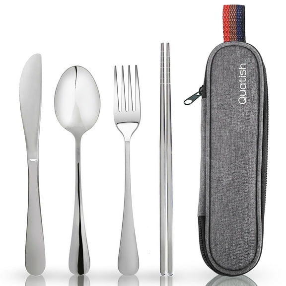 Travel Utensils with Case, Quatish Portable Silverware Set for Work, Lunch Box Reusable Travel Cutlery Set for Camping, 304 Stainless Steel Fork and Spoon Set(Sliver)