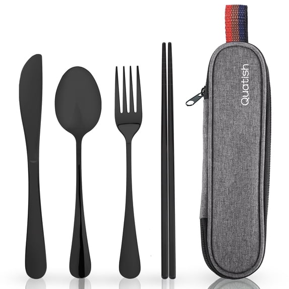 Travel Utensils with Case, Quatish Portable Silverware Set for Work, Lunch Box Reusable Travel Cutlery Set for Camping, 304 Stainless Steel Fork and Spoon Set(Black)