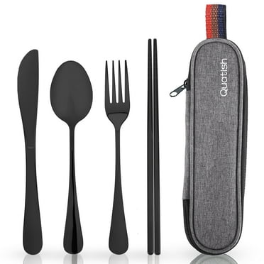 Travel Utensils with Case, Quatish Portable Silverware Set for Work, Lunch Box Reusable Travel Cutlery Set for Camping, 304 Stainless Steel Fork and Spoon Set(Black)