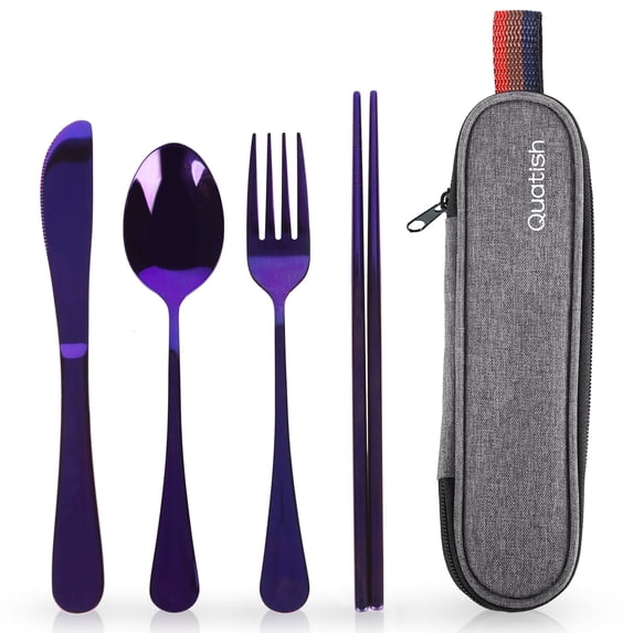 Travel Utensils with Case, Quatish Portable Silverware Set for Work, Lunch Box Reusable Travel Cutlery Set for Camping, 304 Stainless Steel Fork and Spoon Set(Purple)